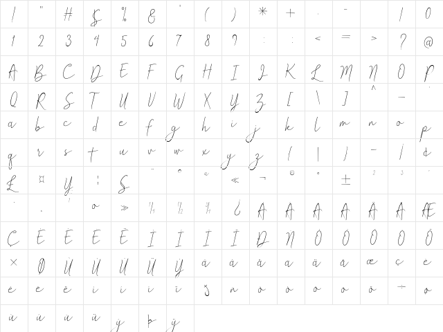 Ametha Regular  glyph index