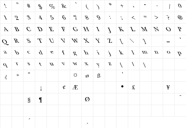 New Baskerville-Light Leftie Regular  glyph index