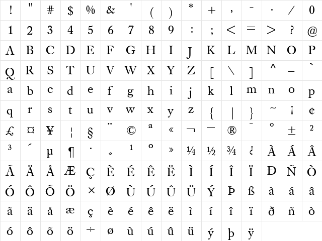 CaslonBE-Book Book  glyph index