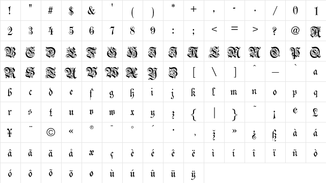 CelebrationTextFancy Regular  glyph index