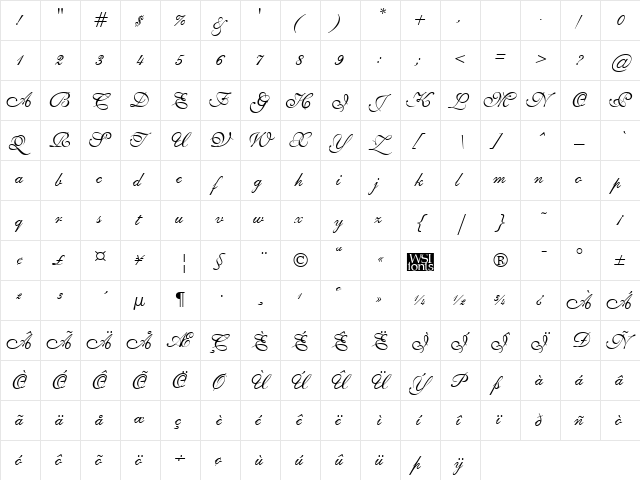 SheerGrace Regular  glyph index