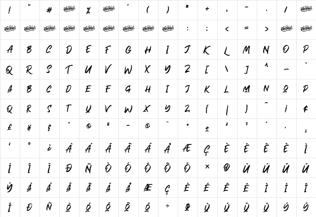 Rollinkland Regular  glyph index