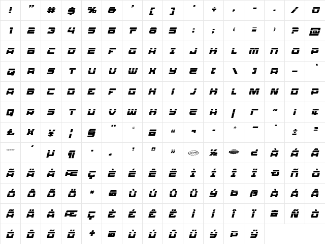 Olympic Carrier Laser Italic Italic  glyph index