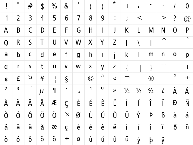 Humnst777 Cn BT Regular  glyph index