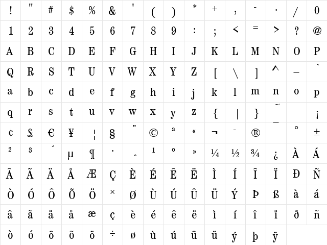 CenturyNova-Cd Book  glyph index