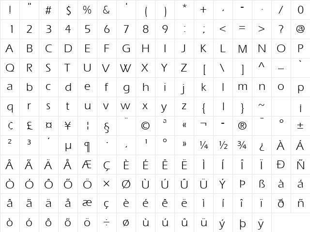 Aquiline Book Regular  glyph index