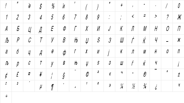 Macedonian Cond 50 Italic  glyph index