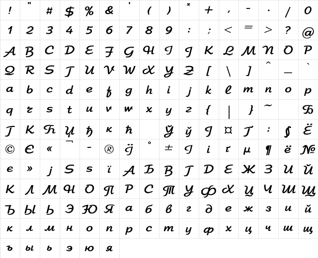 Arbat Bold  glyph index