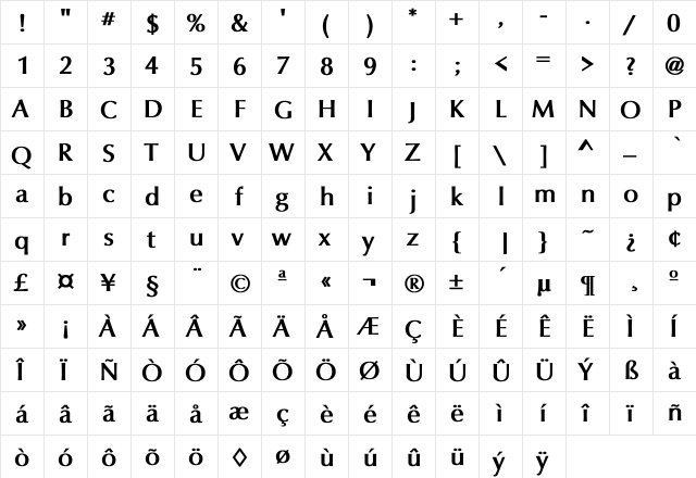 Lewellyn Bold  glyph index
