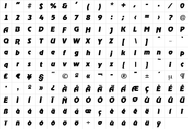 JoeBecker-Heavy Italic  glyph index