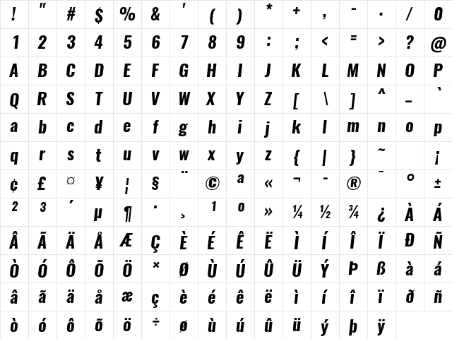 Oswald Bold  glyph index