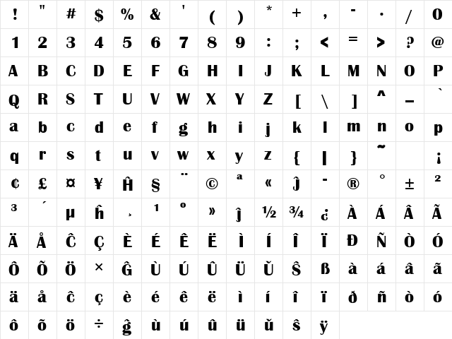 Britannic Eo Bold Bold  glyph index