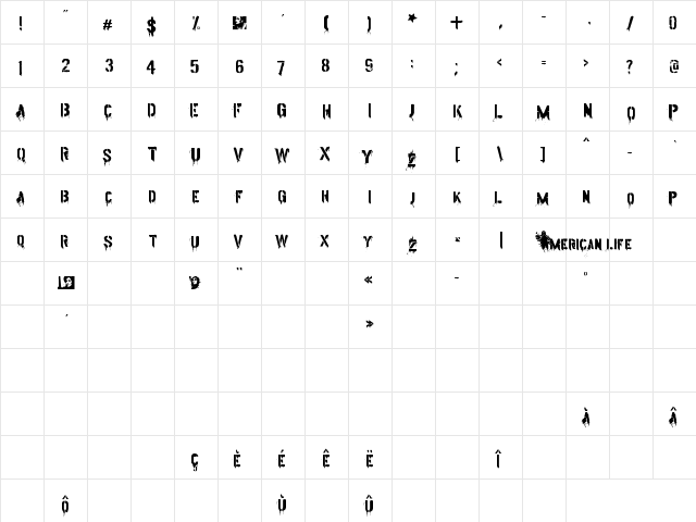 American Life Regular  glyph index