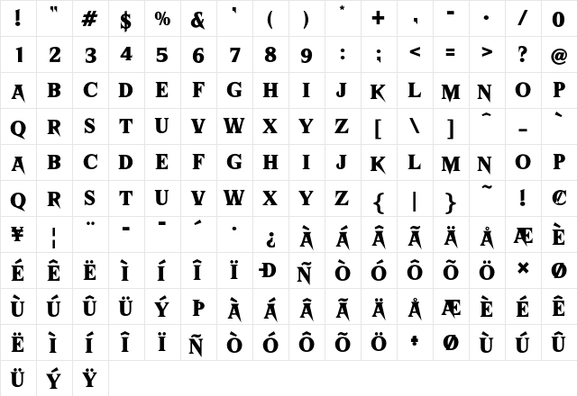 American Frights Regular  glyph index