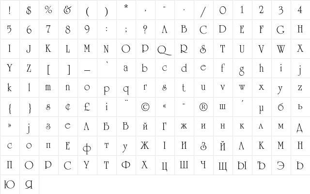 AGReverence Regular  glyph index