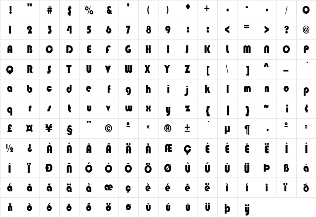 Hip Hop Heavy Regular  glyph index