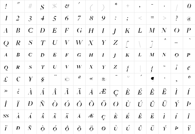 FreightBigMediumItalicSC Regular  glyph index