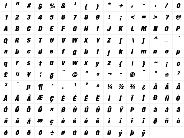 Helvetica Neue 107 Extra Black Cond Oblique  glyph index