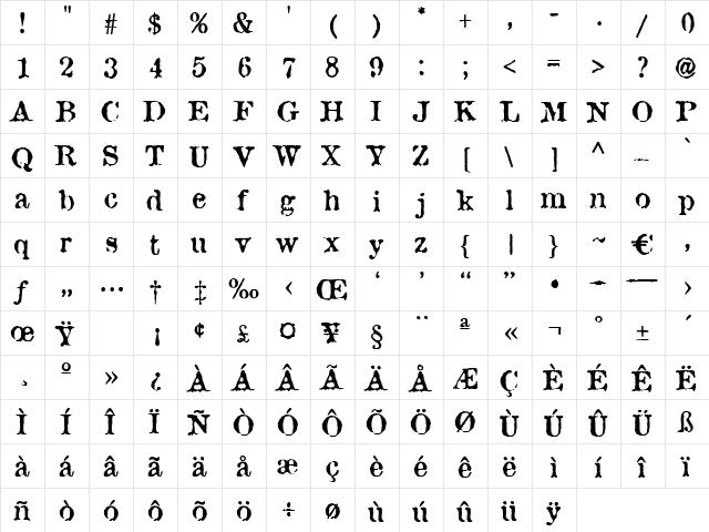 Tshirt Regular  glyph index