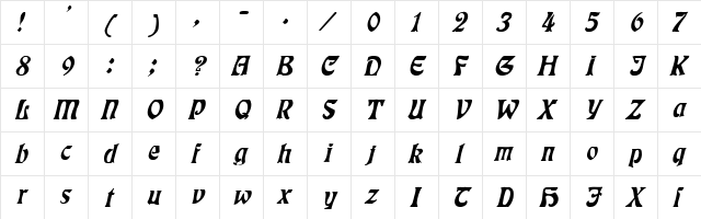 Cursed 5 Italic  glyph index