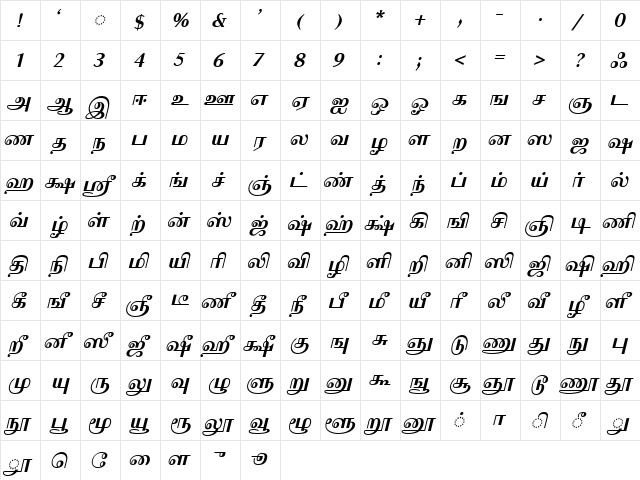 IdsTamil_TG_2_ Bold_Italic  glyph index