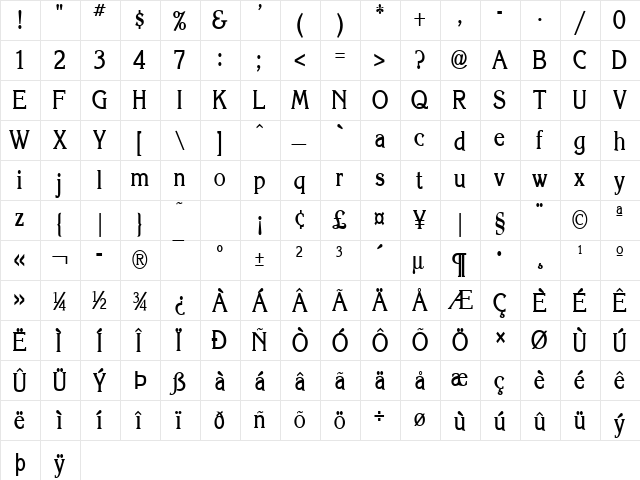 Keira-Condensed Bold  glyph index