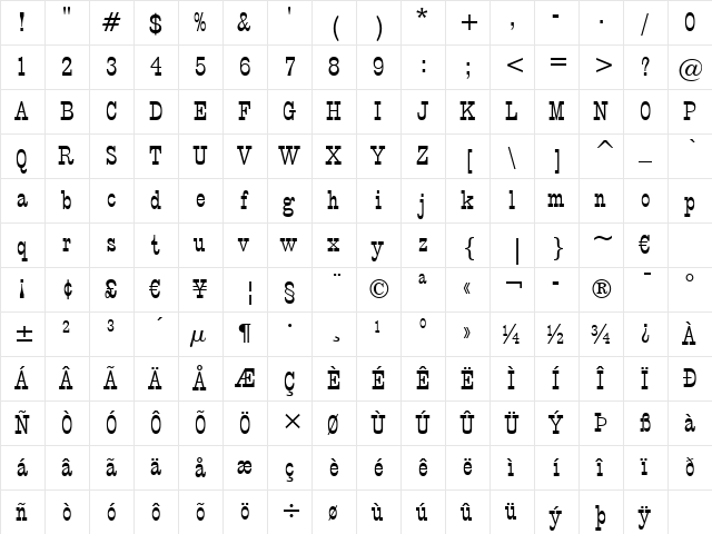 PTBarnum BT Regular  glyph index