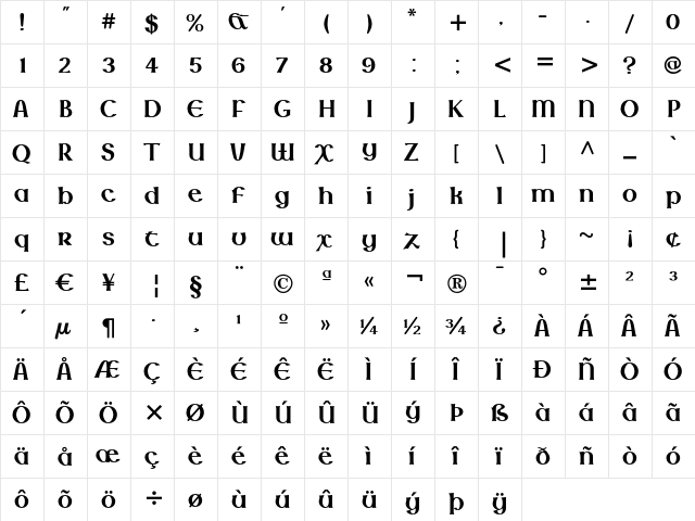 Lindisfarne Nova BT Regular  glyph index