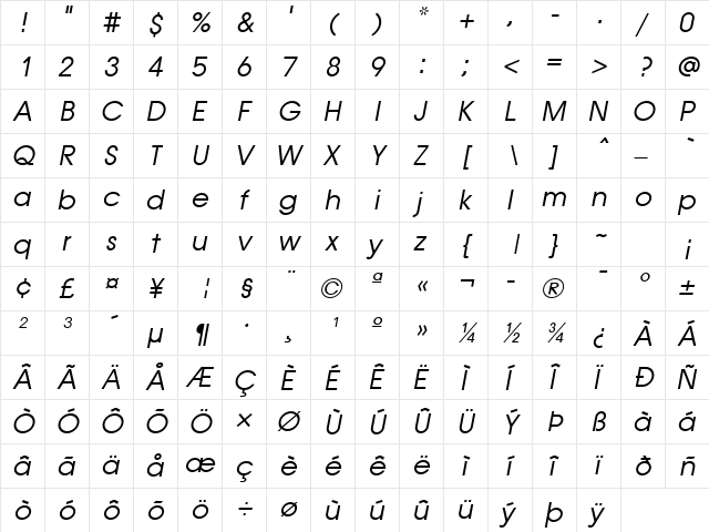 Atlanta BookOblique  glyph index