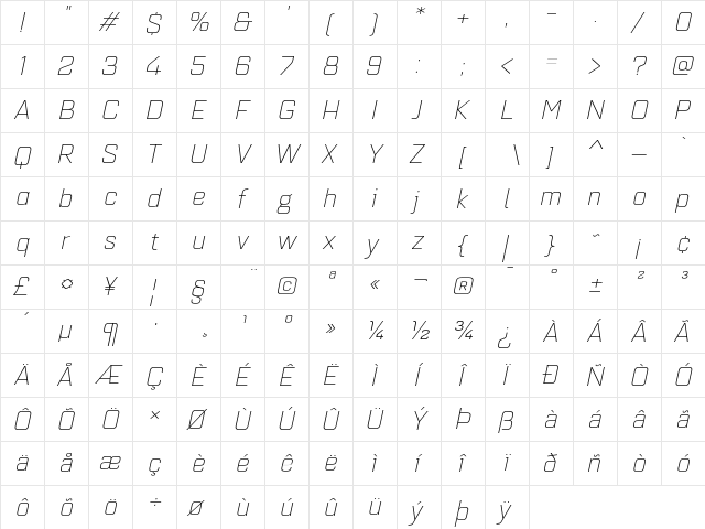 Quarca Ext Light Italic  glyph index