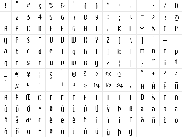 SkiCargo Regular  glyph index