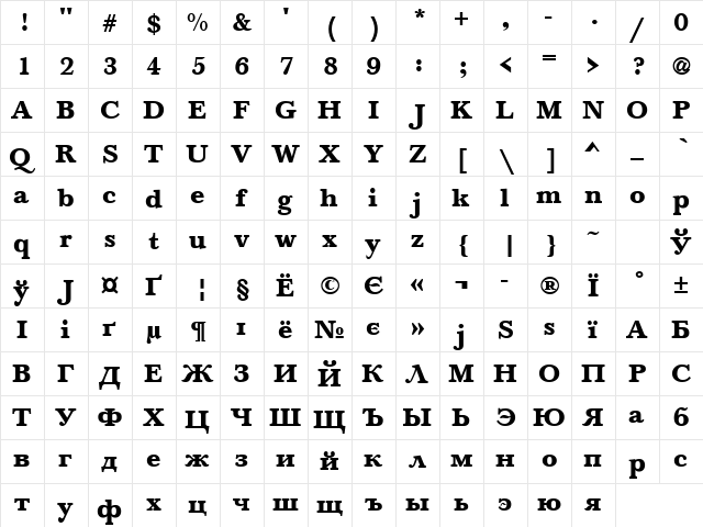 Beauty Bold  glyph index