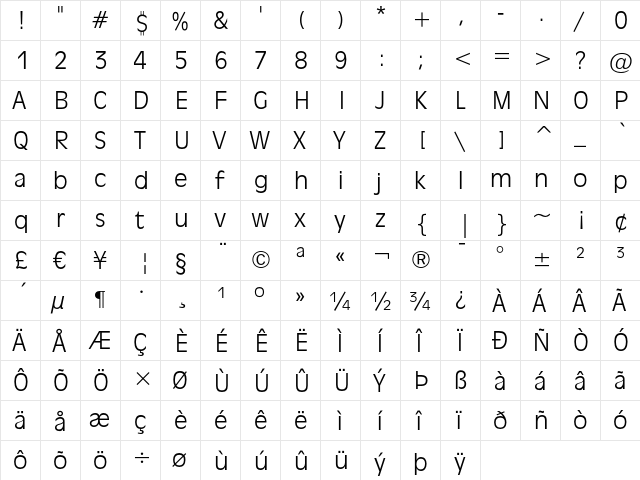 Incised 901 Light  glyph index