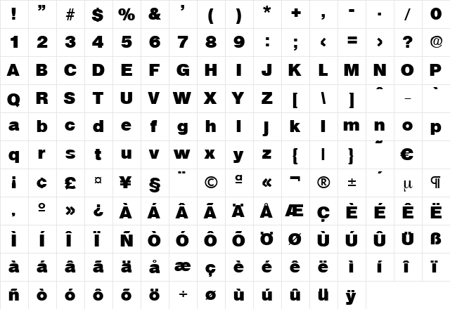 Olympia-Heavy Regular  glyph index