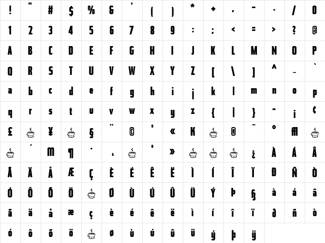 Tasse Regular  glyph index