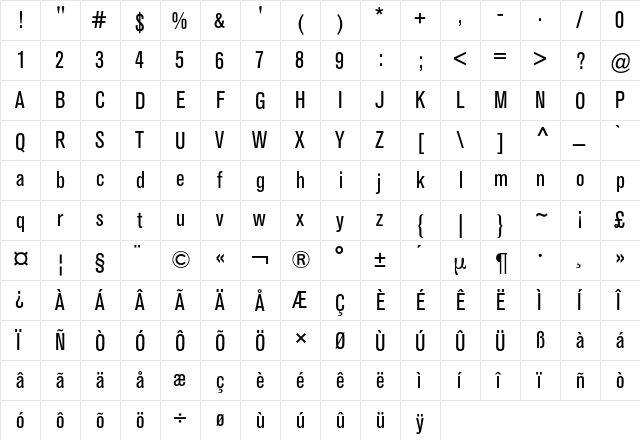 Akzidenz-Grotesk Condensed BQ Regular  glyph index