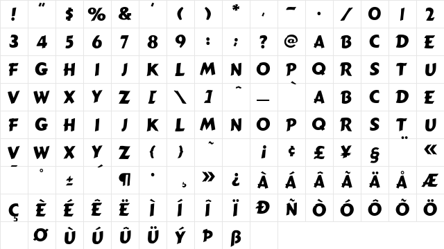 Caricature Regular  glyph index
