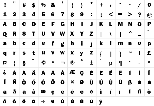Franklin ITC BQ Regular  glyph index