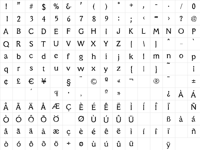 VeracruzAntique Regular  glyph index