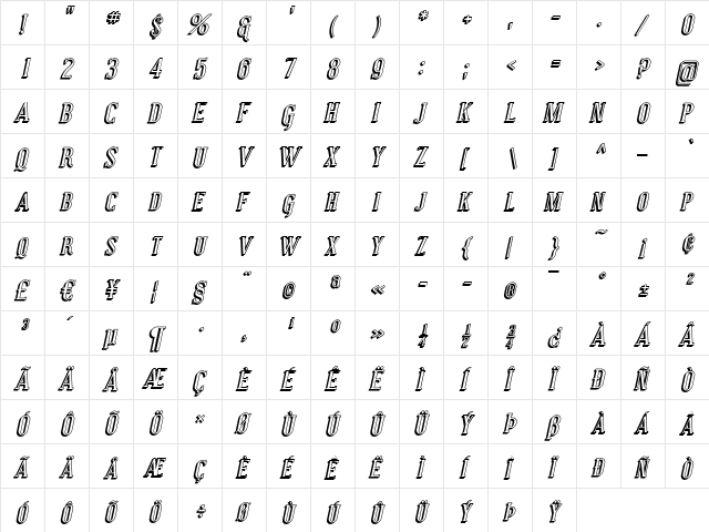 Covington SC Shadow Italic  glyph index