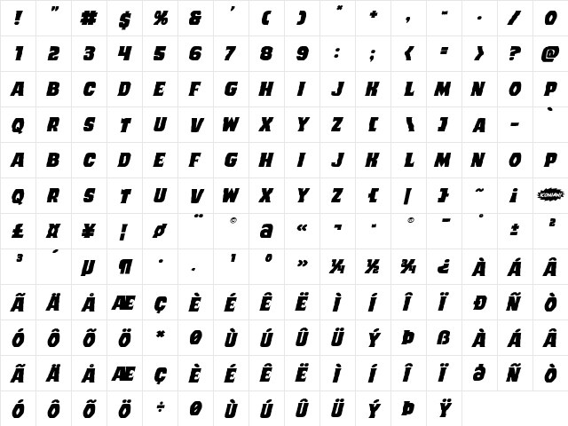 Dusk Demon Expanded Italic Regular  glyph index