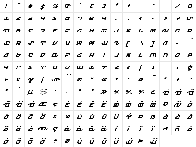 Nightrunner Extra-Condensed Italic Extra-Condensed Italic  glyph index