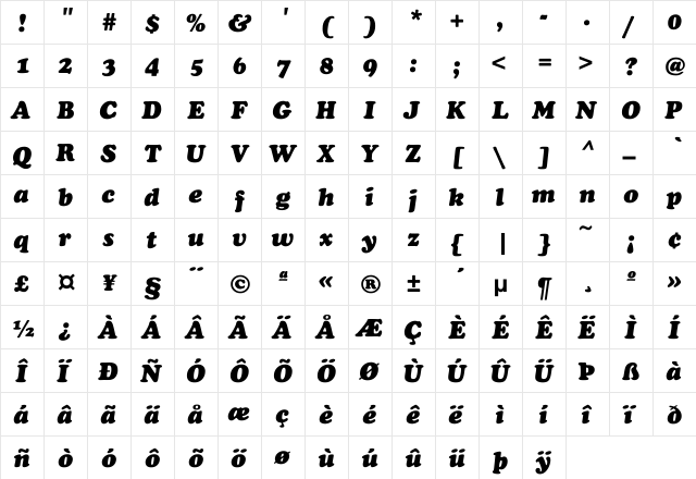 Cooper-Heavy-Italic Regular  glyph index