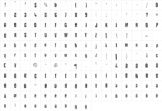 Kenyan Coffee Gaunt Regular  glyph index