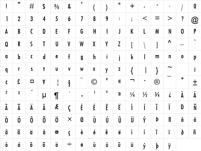 Tw Cen MT Condensed Medium  glyph index