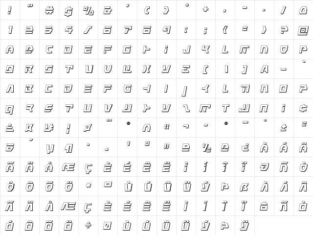 Command Override 3D Italic Italic  glyph index