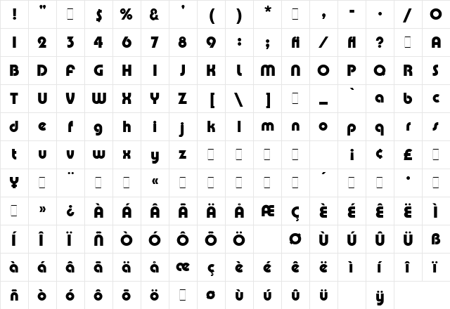 Pump Demi Bold LET Plain  glyph index