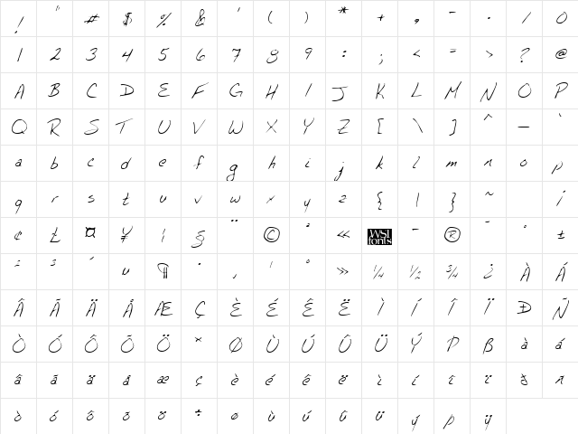 ChicksHand Regular  glyph index