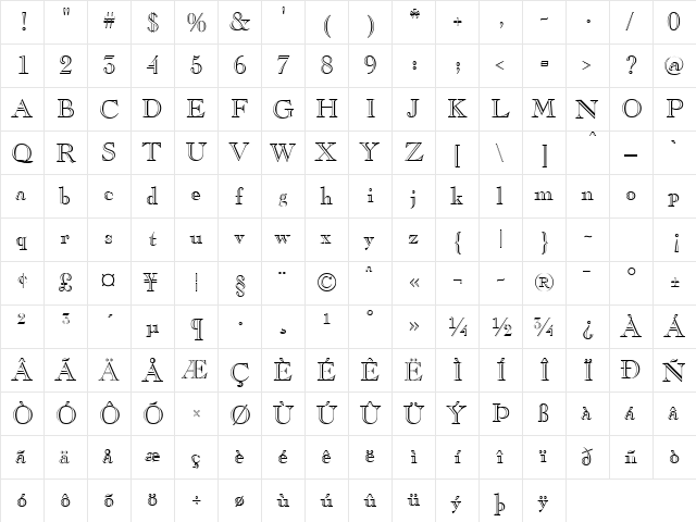 Gravure Regular  glyph index
