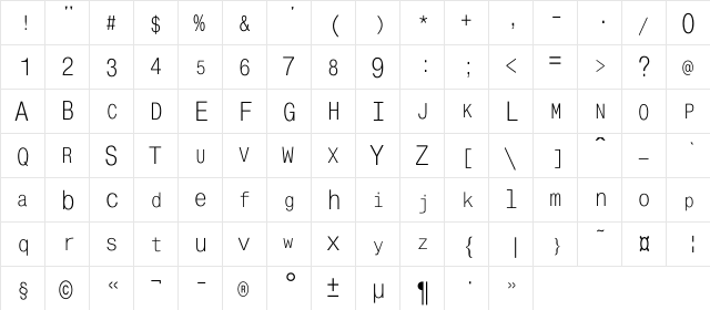 MonoCondensedZoomC Regular  glyph index